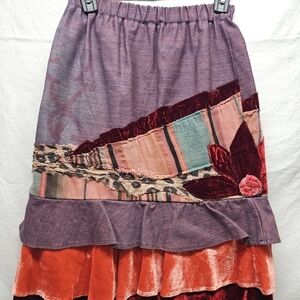 Tiered Elastic Waist Patchwork Skirt Sz Small Boho Peasant Artsy Funky Poetcore